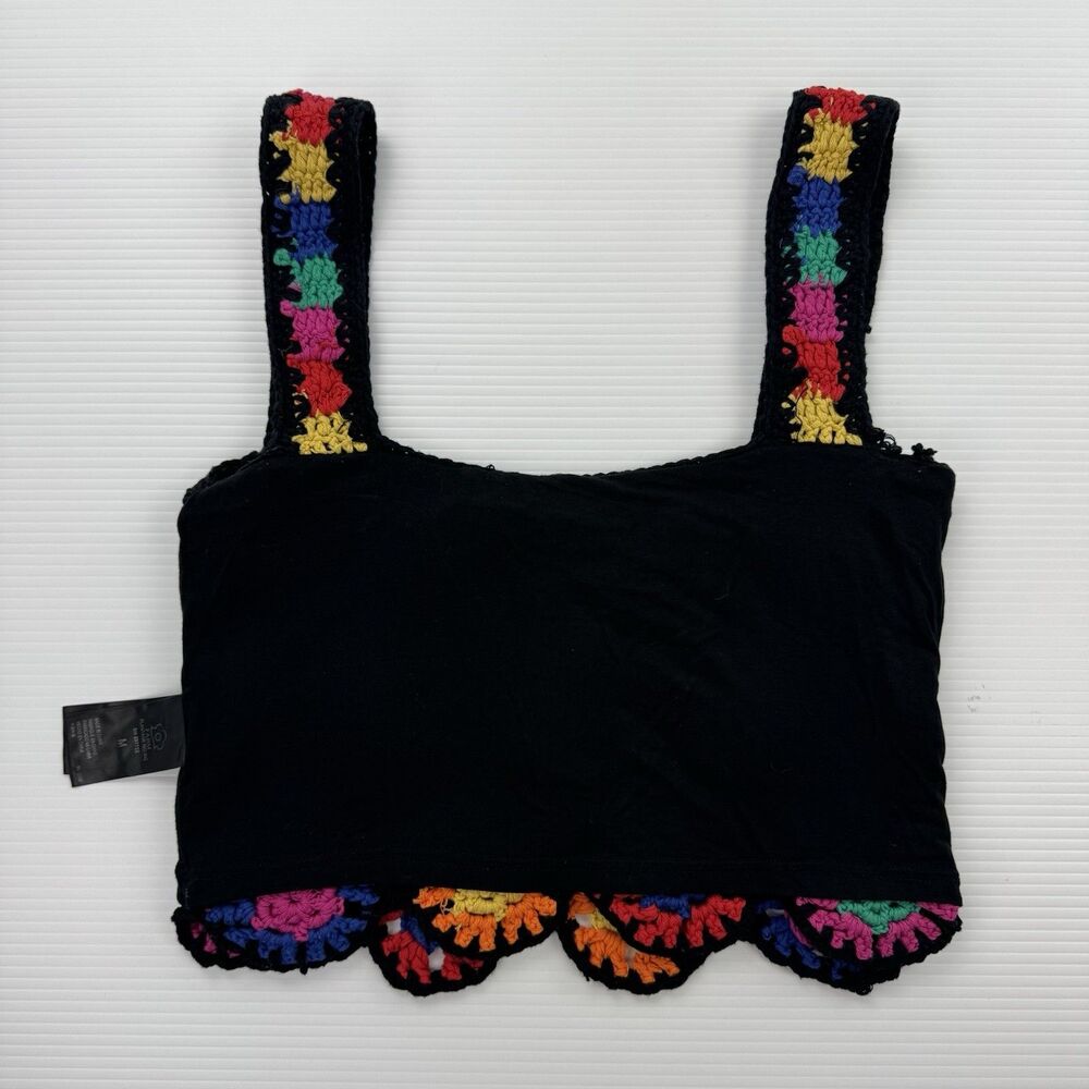 FARM Rio Womens M Crochet Flowers Crop Top Black Multicolor Granny Square Lined - Picture 12 of 13